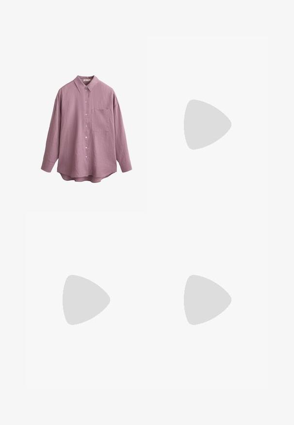 Lange mouwen shirt van licht paarse stof, met een klassiek kraag, knopen aan de voorkant en een enkele borstzak. Geweven afwerking, relaxte pasvorm.; Roze flared broek met een textuur golfpatroon, voorzien van een tailleband en zonder zichtbare hardware. De stof lijkt glad en rekbaar.; RAID RUCHI - Ballerina's - brown; Bordeaux leren handtas met een gebogen vorm, dubbele handvatten, ritssluiting en subtiele stiksels. Gladde, hoogglanzende afwerking.