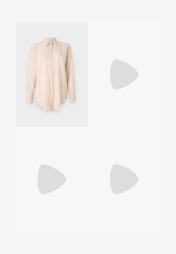 Light beige button-up shirt with long sleeves, featuring thin vertical stripes and a classic collar. Made from a smooth, soft fabric.; Wide-leg trousers in dark grey, made of a smooth fabric. Features an elastic waistband and loose-fitting design for comfort.; Black leather high-heeled shoe with pointed toe, ankle strap, and a thin heel. Smooth texture with a gold accent on the heel base.; Samsøe Samsøe JENNIE TOTE BAG  - Tote bag - dark brown