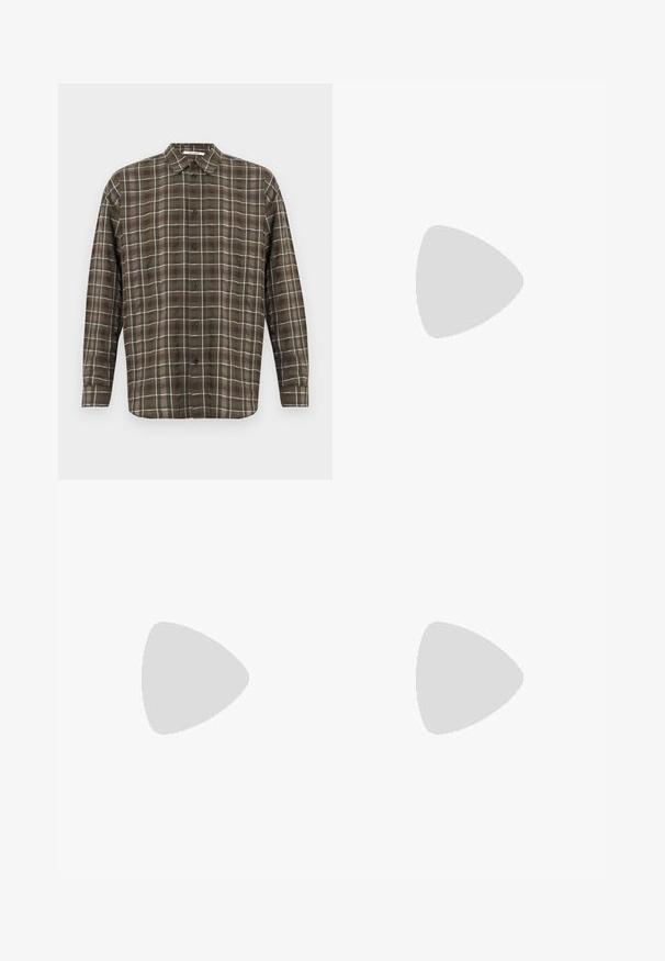 Brūna un bēša pārbaudīta garām piedurknēm krekls ar izplatītu apkakli, priekšējām pogām un vienu pogu piedurkņu galiem. Viegls audums ar nelielu spīdumu.; Rozā platās kājas džinsi ar augstu jostasvietu, izgatavoti no denima, ar pogu un rāvējslēdzēju, jostas cilpām un dekoratīvu gredzenu detaļu.; Baltas sneakers ar zamša akcentiem, noapaļota purngala, plakaniem auklām un krēmkrāsas gumijas zoli. Ar zaļu zīmolu uz papēža.; Taupe krāsas ādas pleca soma ar rāvējslēdzēja priekšējo kabatu, regulējamu siksnu, akmens tekstūru un iegravētu logo priekšpusē.