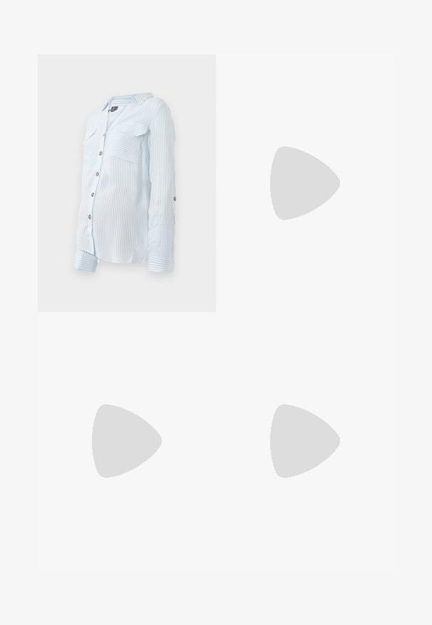 Light blue striped button-up shirt with long sleeves, two chest pockets, and roll-up sleeves secured by buttons. Soft, lightweight fabric.; ONLY MATERNITY OLMPAIGE  - Trousers - black; White sneaker with a smooth synthetic upper, perforated toe box, flat laces, and a textured sole, displayed on a wooden surface.; Brown leather tote bag with double handles, features contrast stitching and a spacious design, suitable for everyday use.