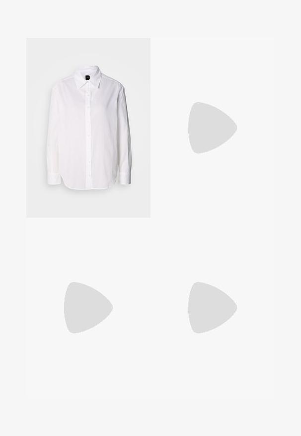 Camisa blanca de manga larga con botones, hecha de tela ligera. Presenta un cuello clásico, botones en la parte delantera y mangas con puños.; Pantalones de mezclilla de pierna ancha con un patrón repetido de logotipos de DKNY en azul marino y azul claro, con bolsillos frontales y cierre de botón.; Mocasin de cuero negro con punta redonda, detalles de costura y suela de goma plana. Presenta una correa decorativa a lo largo del empeine.; Bolso tote de cuero negro con acabado texturizado, acentos de asa anudada y detalle del logo en dorado en la base. Presenta una silueta relajada.; Pendientes de media circunferencia en oro y plata con un acabado pulido, que presentan un pequeño acento de piedras de rhinestone transparentes en un lado.