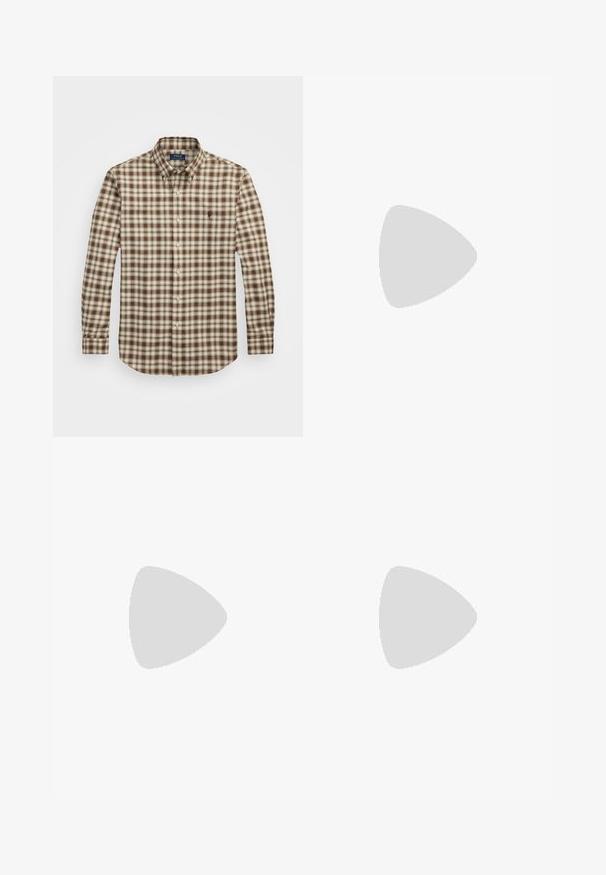 T-shirt blanc à col en V en coton, avec un petit logo brodé sur la poitrine gauche. Manches courtes et coupe décontractée.; Chemise à manches longues à boutons, en motif écossais marron et crème, fabriquée en coton, dotée d'un col et d'un petit logo sur la poitrine.; Jean en denim gris, coupe slim, avec jambes droites. Dispose d'un design classique à cinq poches, de détails de couture et d'une légère texture décolorée.; Baskets en cuir bleu marine et blanc avec des accents en daim, bout rond, semelle en caoutchouc plate et détail de logo sur le côté. Design léger.
