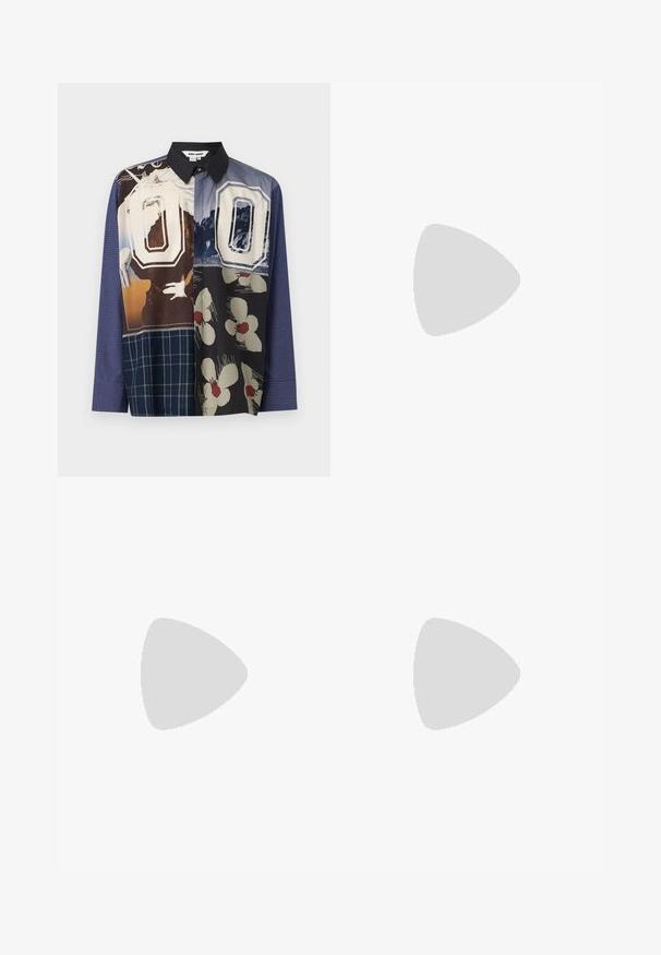 Mitmevärviline nööpidega särk, mis sisaldab erinevaid mustreid, sealhulgas lille- ja graafilisi trükiseid, musta kraega ja pikkade varrukatega.; Mustad laiad teksad nööp- ja lukuga sulgemisega, esi- ja tagataskutega, valmistatud denimkangast, sile tekstuur.; Valged tennisjalanõud, millel on sametised aktsendid, ümar varvas, lame nöörid ja kreemjas kummine põhja. Hästi nähtav roheline bränding kannal.; Mustmust nahast õlakott, millel on tõmblukk eesmine tasku, embosseeritud logo ja reguleeritav rihm. Sile tekstuur koos struktureeritud kujuga.