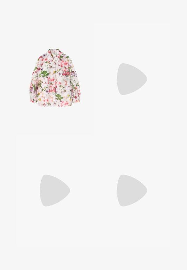 Floral-patterned shirt with a light pink background, featuring green leaves and various colorful flowers. Button-up design, long sleeves.; TATUUM MIRAMA - Pleated skirt - beige; Mexx NALINA NICKY - High heeled sandals - cream; MICHAEL Michael Kors JET SET CHAIN POUCHETTE - Handbag - vanilla