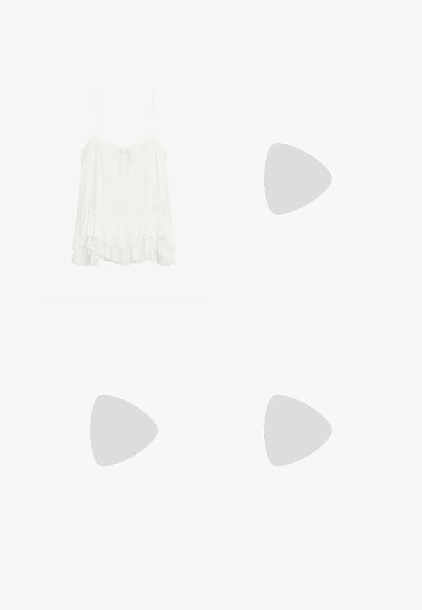 Blouse sans manches blanche en tissu léger, dotée d'un col en V avec un lien et d'un ourlet à volants superposés. Bretelles réglables.; Pantalons en lin noirs avec une coupe décontractée, dotés d'une taille élastique et d'un cordon de serrage réglable. Texture lisse et design à jambes larges.; Tongs noires avec une semelle en caoutchouc texturée, deux fines lanières et un détail de logo embossé subtil sur la lanière.; Lunettes de soleil ovales noires avec des verres sombres et une monture en plastique brillant. Présente un logo doré sur la branche, offrant un design épuré et moderne.; Sac à épaule en tissu marron avec un corps large et arrondi et une grande poignée découpée. Texture douce, design minimaliste et aucun matériel visible.