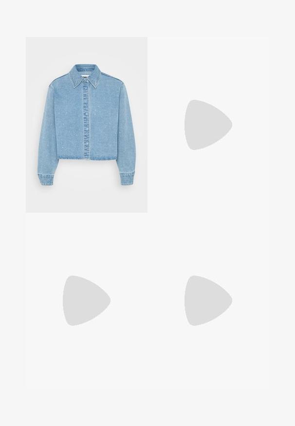Cropped light blue denim jacket with a button-up front, pointed collar, and scattered small shiny accents on the fabric.; Dark blue straight-leg jeans with button closure, front and back pockets, and visible orange stitching along seams.; Light grey suede sneaker with a rounded toe, flat white sole, and silver heel accent. Laced design with minimal stitching details.; Zign Bracelet - silver-coloured