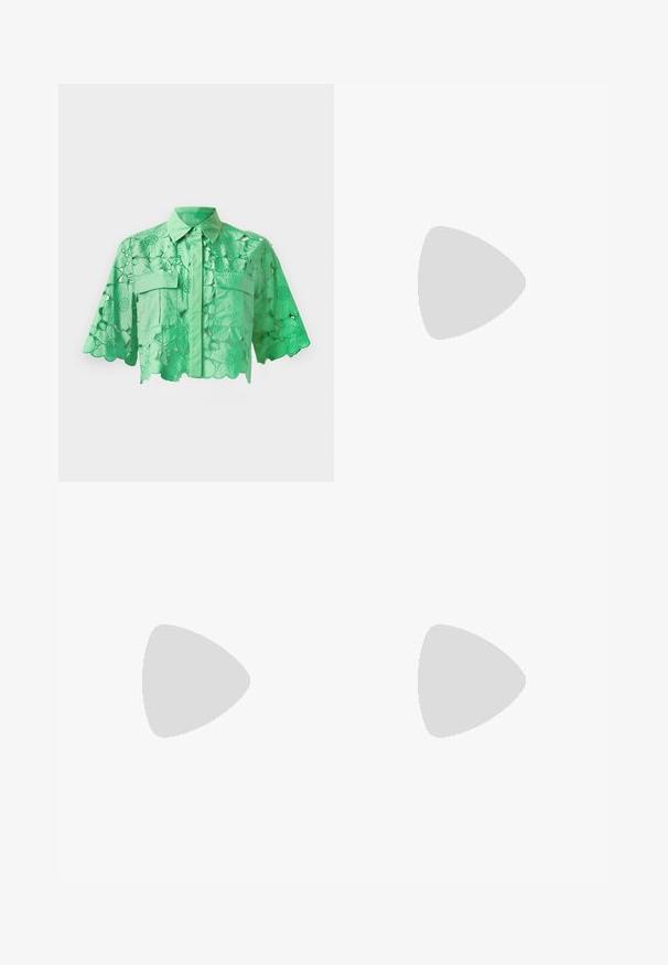 Green short-sleeve shirt featuring floral cut-out design, button-up front, two chest pockets, and a neat collar. Smooth texture.; Flared denim jeans in dark blue featuring a tonal floral print. Standard five-pocket design with a front button and zipper closure.; Beige leather ballet flat with rounded toe, minimal seam detailing, low heel, and subtle logo on the back. Smooth, matte texture.; Black square sunglasses with dark lenses, smooth plastic frame, and subtle wing-like accents on the temples.