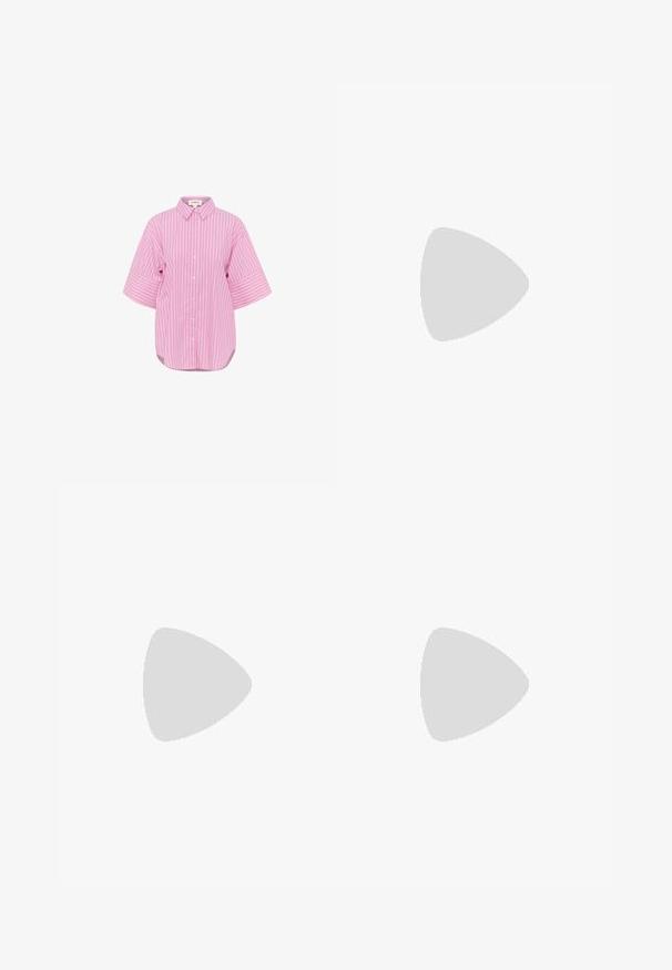 Chemise rose à boutons avec des rayures verticales blanches, manches courtes larges et ourlet arrondi. Tissu en coton, col classique et coupe décontractée.; YAS YASBILL - Jupe longue - chintz rose; Bottes de combat en cuir noir avec une tige haute, fermeture à lacets, semelle en caoutchouc épaisse et accents métalliques à la base de la semelle.; Sac à main en fausse fourrure avec une base blanche et un imprimé vache marron, une bandoulière lisse marron et une plaque logo en argent avec un charme amovible.