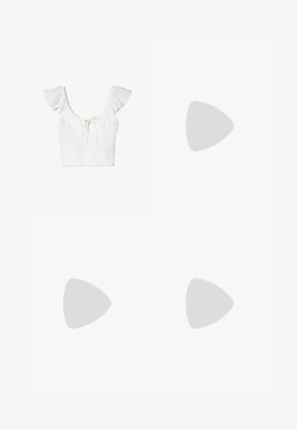 Vit cropped topp med korta volangärmar, fyrkantig halsringning och en knytdetalj fram. Tyget är mjukt med en texturerad smockfinish.; Ljusgula denimshorts med hög midja, med bältesöglor, knäppning fram och sidofickor. Slät textur och rak skärning.; Vit sportskänga med blå accenter, som har tre ränder, en mockatå och en gummisula. Texten lyder "adidas TOKYO."; Vit tygväska med triangulär form, med ögla detaljer och en knytbåge accent upptill. Slät textur genom hela väskan.