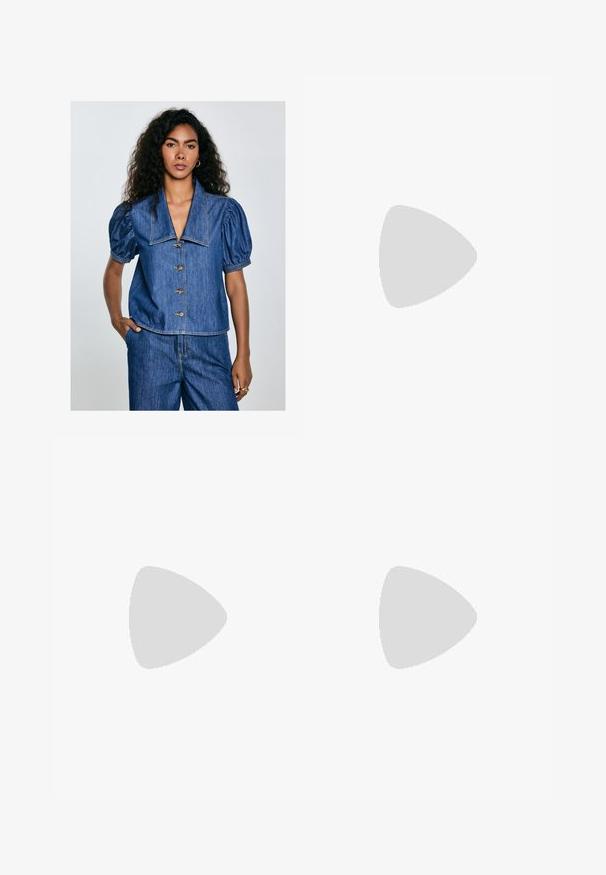 Denim bluzica s napuštenim rukavima, velikim ovratnikom i sedam dugmadi. Plava boja s vidljivim šavnim detaljima i opuštenim krojem.; Široke traperice tamnoplave boje s žutim šavovima, pet džepova i kopčanjem na dugme. Glatka tekstura, ležeran dizajn.; Muške tamnosmeđe kožne mokasine s crnom potplatom i detaljima šivanja uz prste, prikazane u bočnom profilu.; Smeđe kornjačaste sunčane naočale oversized s širokim pravokutnim okvirom i gradijentnim lećama. Zlatni logo detalj sa strane.