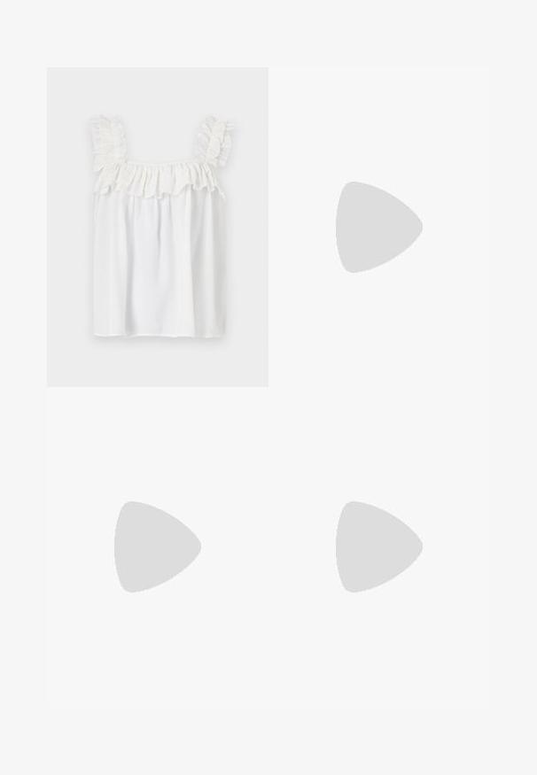 Balta bez piedurknēm blūze ar viļņveida akcentiem uz pleciem un apkakles, izgatavota no viegla auduma ar brīvu piegriezumu.; Balta, ziedu raksta svārku ar kārtām, kas rotāta ar maigiem ziediem un zaļiem akcentiem. Izgatavoti no viegla auduma, ar savelktiem jostas galiem.; Balta patent ādas sandale ar norādītu purngalu un zemu blokus papēdi. Satur smalku siksniņu ar zelta krāsas sprādzi.; Aušana salmu rokassoma béigā krāsā ar izliekto formu, īsu rokturi un sānu rāvējslēdzēju. Iespējas teksturēta virsma un minimālistisks dizains.