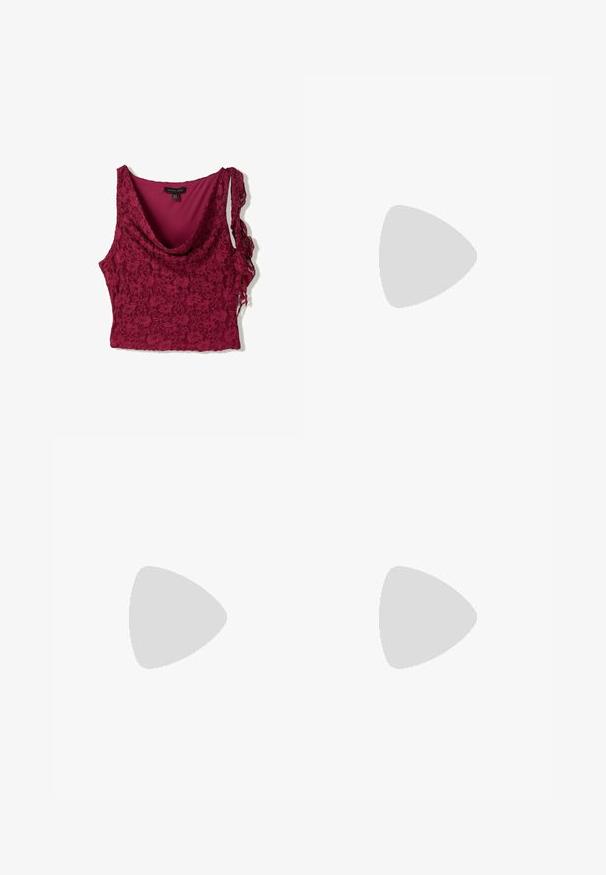Burgundy lace top with a draped neckline, featuring a smooth inner lining and asymmetrical lace straps. Textured floral pattern throughout.; Burgundy lace skirt with a ruffled hem and tiered design. Features a soft texture and adjustable tie on one side.; Brown suede sneakers with white accents and laces. Rubber gum sole. Worn with white socks featuring black stripes. Green textured flooring.; Woven straw bucket bag with a drawstring top, brown leather accents, and a front pocket featuring a logo. Adjustable leather strap included.