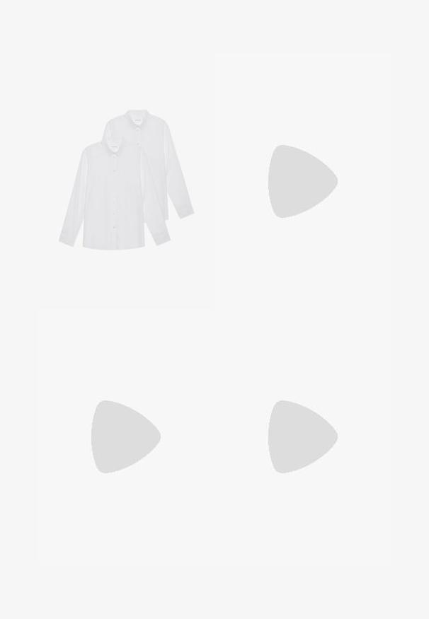 White long-sleeve shirts in a pack of two, featuring button-up fronts, collar, and cuffs, made from a smooth fabric with no patterns.; Black trousers made from woven fabric, featuring a straight-leg design, two side pockets, a front zipper, and an exterior loop detail.; Black leather loafers with a stitched design, rounded toe, low stacked heel, and slip-on style. Smooth texture with slight shine.; Narrow black tie with a textured, diagonal ribbed pattern. Features a pointed tip and a smooth finish. Suitable for formal wear.