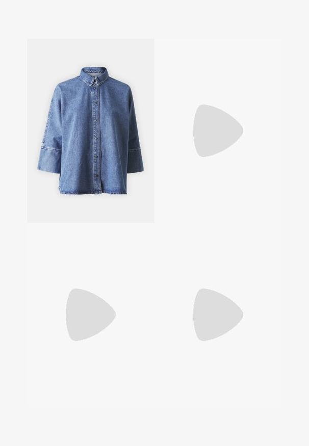 Jeanshemd in Hellblau mit langen Ärmeln, spitzem Kragen, Frontknöpfen und lockerer Passform. Aus weichem Denim-Material gefertigt.; Schwarze hochtaillierte Jeans mit einem Knopf- und Reißverschluss, Fronttaschen und ausgestellten Beinen, flach auf einem weißen Hintergrund ausgelegt.; Replay PYPER - Sneaker low - blue; Schwarze Tote-Bag aus glattem Leder, mit einem abgerundeten, offenen Oberteil, zwei Schulterträgern und einem minimalistischen Design.