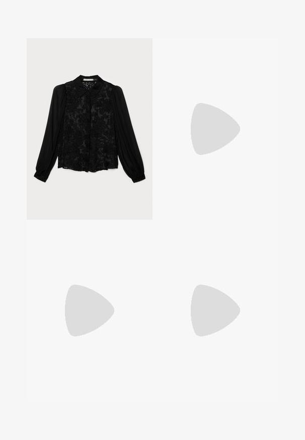 Alice + Olivia Button-down blouse - gardenia black; Alice + Olivia Trousers - charcoal grey; Black leather slingback shoe with a pointed toe, decorative straps featuring metal eyelets, and a low block heel. Textured surface.; Black patent leather handbag with a rectangular shape, chain strap, and a distinctive hardware accent in the center. Smooth texture.