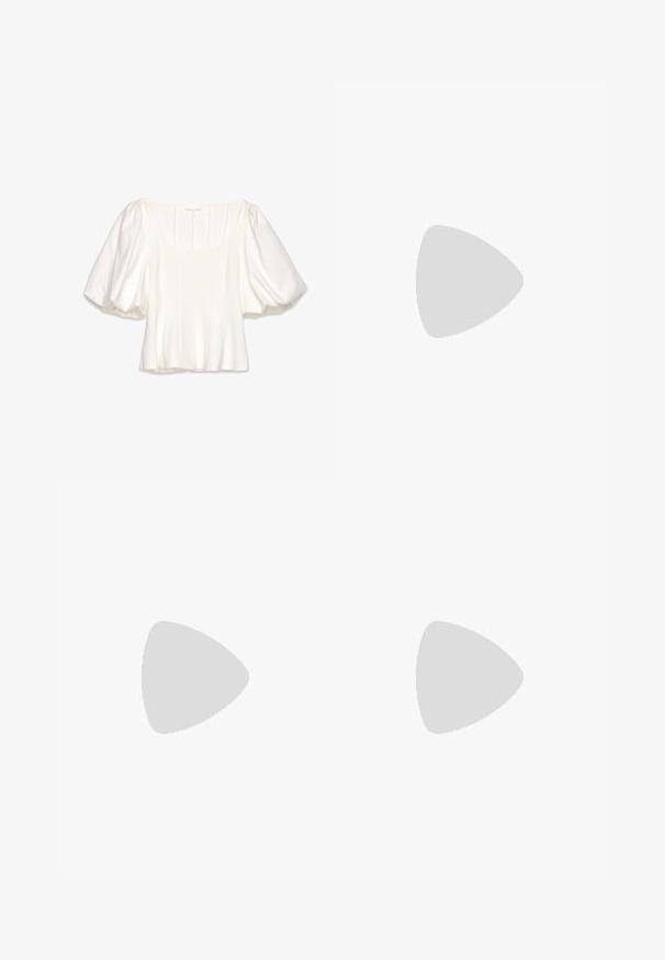 Bela skrajšana bluzica s kvadratnim izrezom, kratkimi naborkastimi rokavi, vertikalnimi šivi in gladkim, lahkim materialom.; Rjava krila srednje dolžine iz trpežnega blaga, z belimi šivi, sprednjim gumbom za zapiranje in dvema stranskima žepoma. Oblika je ravne silhuete.; Rjave čevlje iz patentirane usnje s slingback obliko in špicastim nosom, odprtimi izrezi in tankim peto. Ima nastavljiv pas s sponko.; Rjave nubuk torba z usnjenimi dodatki, strukturirane oblike, dvojni naramnice in zaobljeni robovi, z gladko teksturo in minimalnimi kovinskimi elementi.