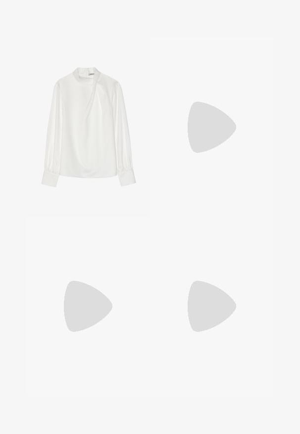 White blouse with a high neckline, long puff sleeves, and a zip closure at the back. Smooth fabric with a slight sheen and subtle drape.; Black wide-leg pants made from smooth fabric, featuring an elastic waistband with a drawstring. Simple, minimalist design.; Gray athletic sneaker with a mesh and suede upper, featuring white accents, a thick white sole, and textured gum rubber outsole.; Black oversized sunglasses with cat-eye shape, dark tinted lenses, and glossy plastic frame. Features thick temples for support.