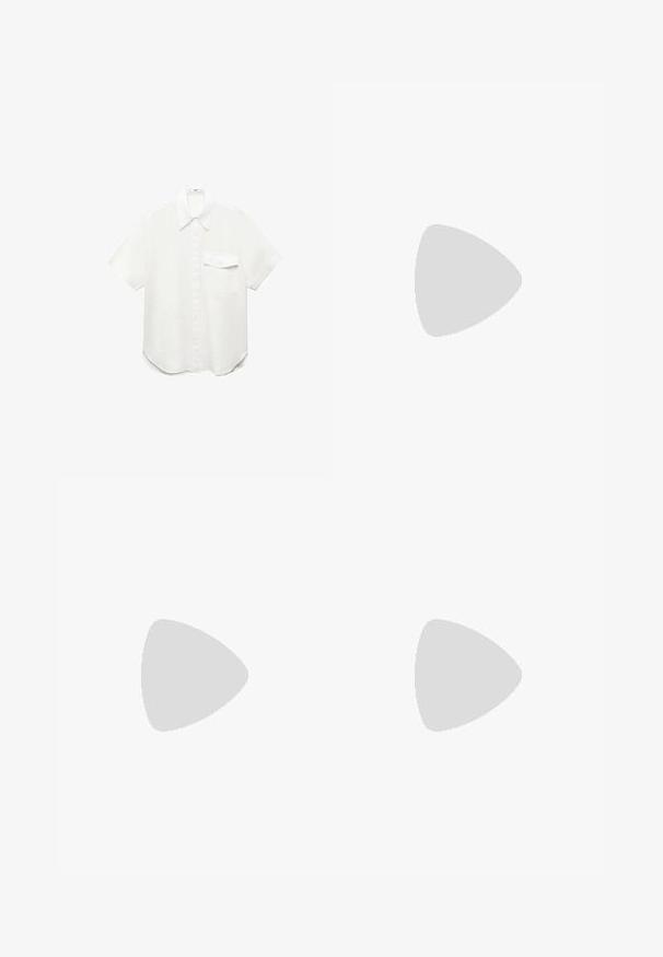 White short-sleeve button-up shirt made of lightweight fabric, featuring a pointed collar and a single chest pocket with a rounded hem.; Black athletic shorts with an elastic waistband and drawstring. Features white side stripes and a reflective logo on the left front.; Black patent leather slingback heels with a pointed toe and a geometric block heel. Features a sleek, minimal design and smooth texture.; Black leather handbag with a curved shape, detachable strap, and gold hardware. The bag features a flap with a buckle detail.
