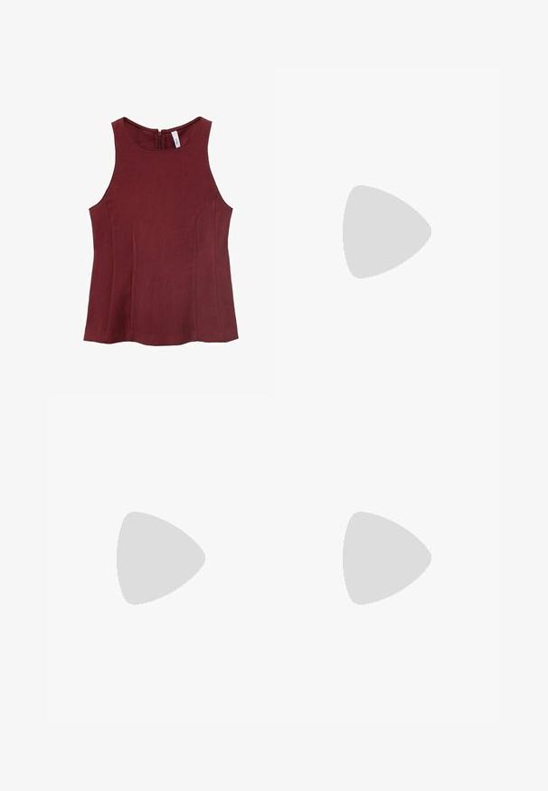 Burgundy sleeveless top with a high neckline, smooth texture, and a back zipper detail. No patterns; features tailored sides.; Desigual Cargo trousers - red; Stradivarius T-bar sandals - brown; Even&Odd by Zalando BUCKLE - Handbag - off-white/beige