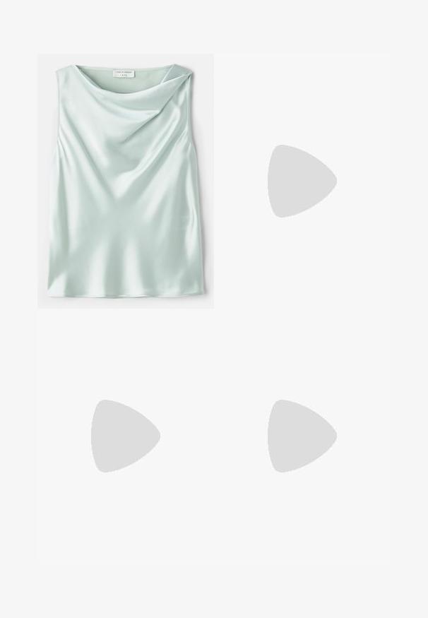 Haut sans manches en satin bleu clair avec un col drapé et une texture lisse. L'étiquette indique "Tiger of Sweden 1993."; Jupe en satin vert clair avec un design drapé, mi-longue, texture lisse, dotée d'un détail de nœud sur le côté pour un intérêt visuel supplémentaire.; Sandal en cuir noir avec des fines lanières, un petit talon carré et un bout carré. Dispose d'une fermeture à boucle et d'une texture lisse.; Boucles d'oreilles en métal doré avec une forme ronde simple, présentant une finition lisse et une bande centrale polie. Mesurent environ 1 cm de diamètre.