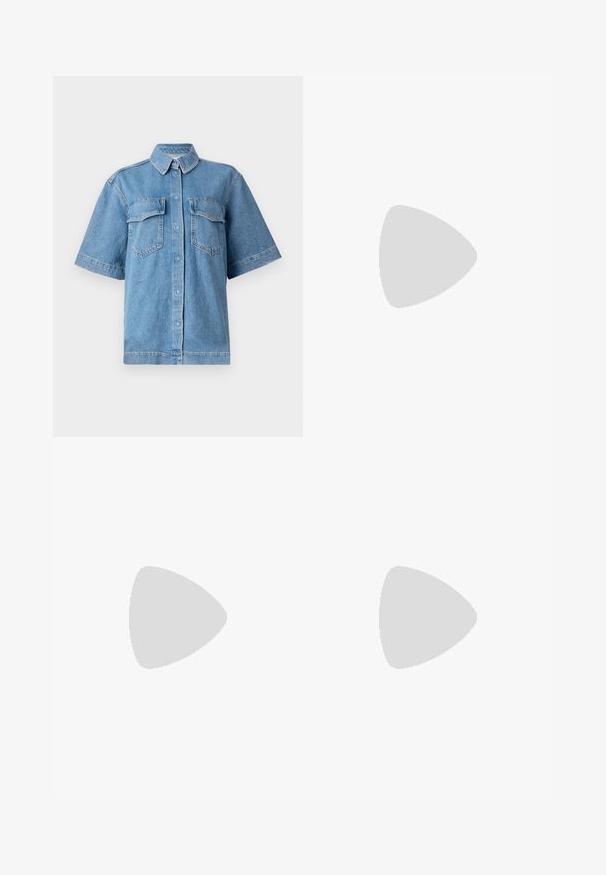 Camisa de mezclilla azul de manga corta con cuello, dos bolsillos en el pecho y cierre de botones. Cuenta con un ajuste relajado y una textura desgastada.; Pantalones de chándal de algodón rosa con cintura elástica y cordón. El diseño presenta un corte recto y una textura suave.; Zapatilla de lona alta blanca con suela de goma negra, puntera de goma frontal y seis ojetes para los cordones, que presenta un diseño limpio y minimalista.; Bolso de cuero rojo con un diseño angular y geométrico. Cuenta con una única correa ajustable y un cierre de solapa con detalles de costura.