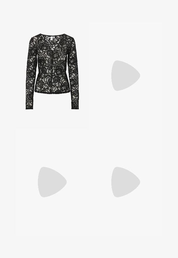 Long-sleeve sheer top in dark gray, featuring an embroidered floral pattern. Round neckline with a subtle texture throughout.; Black long-sleeve lace blouse with floral pattern, sheer fabric, and a rounded neckline, featuring a front hook-and-eye closure.; Red ruffled skirt with black polka dots, made of lightweight fabric. Features a fitted waistband and layered design.; Black pointed-toe shoe with a mesh panel design, featuring a low heel and lace-up front. Made from a combination of leather and mesh material.