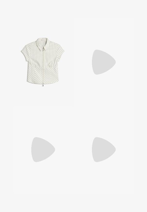 White short-sleeve blouse with vertical and chevron stripes, featuring a front zipper, pointed collar, and two front pockets.; Gray athletic shorts with a fitted design, white branded waistband, and three white stripes on each side. Made of smooth, stretchable material.; Brown suede ankle boots with a rounded toe, low-cut design, and a textured rubber sole featuring a slight platform and pull tab.; Hobo bag in soft beige suede with a slouchy shape, wide shoulder strap, and a hand-stitched seam detail along the front.