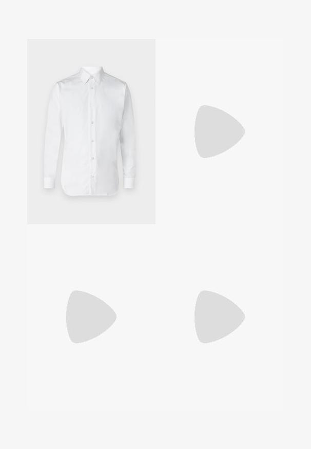 Long-sleeve polo shirt in light blue with a flat collar, three-button placket, and subtle textured fabric. Features a striped inner collar.; White button-up shirt with long sleeves, made of smooth cotton fabric, featuring a classic collar and subtle sheen. Five buttons down the front.; Black wide-leg trousers with a pleated front, side pockets, and a smooth fabric texture. Designed for a relaxed fit.; Black leather loafers with a rounded toe, stitched detailing on the upper, a low heel, and a smooth finish. Red accents along the side.; Burgundy satin tie with a smooth texture, narrow width, and pointed tip; features a loop for easy wear.
