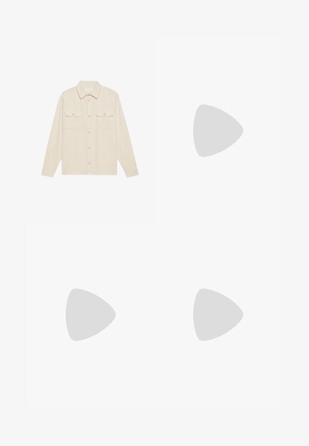 Bershka OVERSIZED - Basic T-shirt - white; Beige corduroy shirt with long sleeves, pointed collar, and two chest pockets. Features a button-front closure and textured fabric.; Grey tailored trousers with a straight cut, featuring two front pockets, pleats, and a button closure. Made from lightweight fabric.; White athletic shoes featuring a textured knit upper, flat laces, and a cushioned sole with visible air chambers for added support.