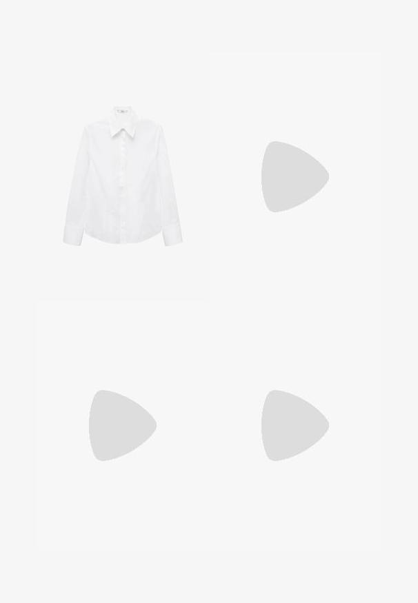 White long-sleeve shirt made of smooth fabric, featuring a pointed collar, button-front closure, and rounded hem with side slits.; Dark denim skirt with a fitted waist, side buckle detail, pleated design, and a slightly flared silhouette. Seam detailing throughout.; Navy blue leather shoes with a chunky sole and chain detail on the upper, paired with loose-fitting dark blue denim jeans.; Brown, rectangular eyeglasses with transparent lenses and purple tints. Smooth plastic frame with straight temples and subtle accents.