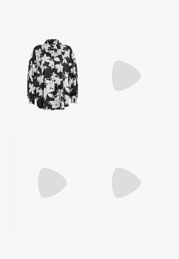 Camisa de botones floral en blanco y negro con cuello extendido, mangas gather y textura de tela suave. Presenta grandes patrones de flores.; Top de algodón blanco sin mangas con un escote amplio y tirantes finos. Textura suave sin patrones o embellishments visibles.; Pantalones negros con estampado floral y un corte holgado. Presenta motivos de flores blancas y una cinturilla elástica. Fabricado con un tejido ligero y suave.; Zapatillas blancas de cuero con una suela blanca gruesa, acento en el talón de ante negro y logo grabado en el lateral. Diseño de cordones con seis ojales.
