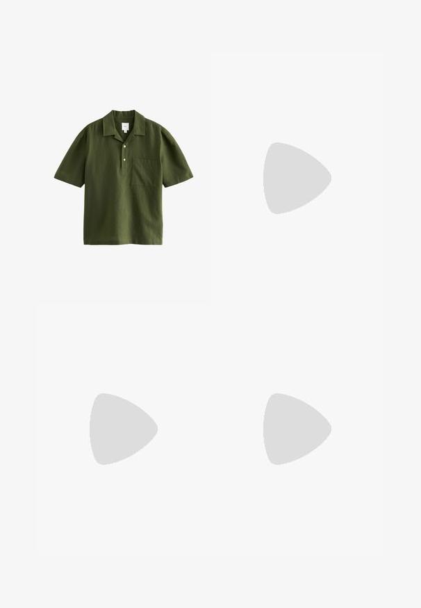 Next SHORT SLEEVE - Overhemd - green; Beige, lichte broek met elastische tailleband en voorplooien, met zijzakken en een recht model. Soepele textuur.; Zign Zakelijke loafers - brown; Bruine leren schoudertas met witte stiksels, rechthoekige vorm, ritsafsluiting en een verstelbare beige schouderband. Heeft twee voorvakken.