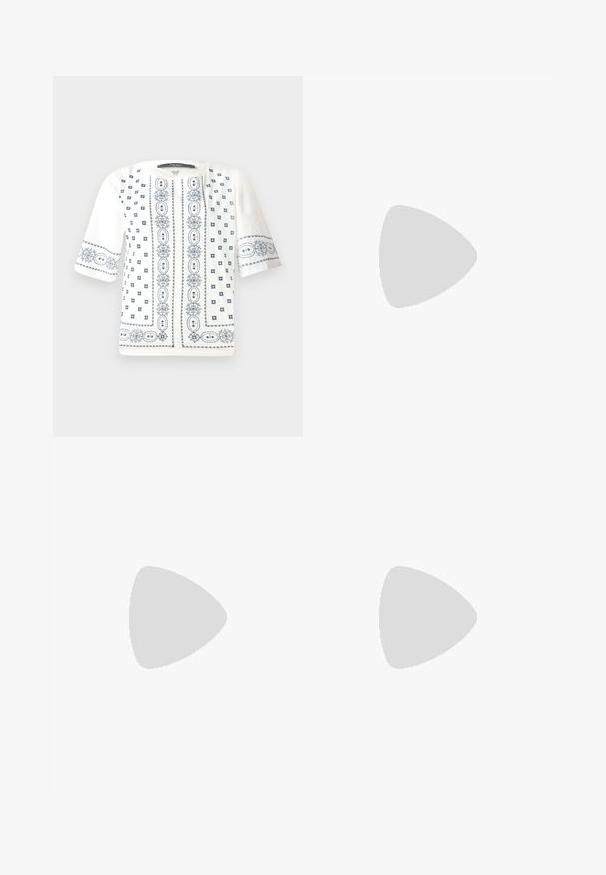White short-sleeve blouse featuring blue floral embroidery, a round neckline, and intricate patterns along the front and sleeves.; Light blue jeans with a relaxed fit, featuring a high waist, straight legs, and subtle fading. Made of denim with visible stitching and hardware.; Black leather ankle boot with a rounded toe, block heel, side zipper, and stitching accents on the vamp. Smooth texture, classic design.; Red leather clutch bag with a textured finish, featuring a flat fold-over top and a short strap. Subtle brand logo on the front.