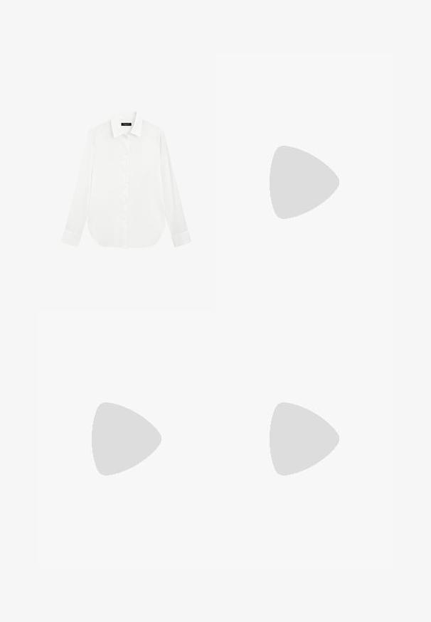 Massimo Dutti FLOWING LONG SLEEVE - Overhemdblouse - white; Witte linnen wijde broek met een gladde structuur, voorzien van een medium taille, twee voorzakken en een eenvoudig ontwerp.; Gouden metallic hoge hakken mules met drie gekruiste banden, een taps toelopende neus en een zwarte accent op de slanke hak. Glanzende afwerking.; Tommy Hilfiger Zonnebril - black