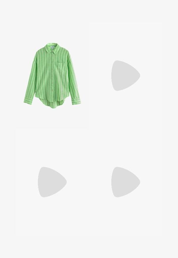 Camicia button-up a righe verde con taschino, caratterizzata da una vestibilità comoda, maniche lunghe e orlo curvo. Realizzata in tessuto leggero.; Pantaloni a gamba larga di colore verde oliva con pieghe frontali, realizzati in tessuto leggero. Presentano un elastico in vita e una texture liscia.; Sandal in pelle marrone con molteplici cinturini sottili, suola piatta e cinturino alla caviglia regolabile con una fibbia in tonalità oro.; Borsa a tracolla intrecciata con strisce arancioni, rosa, verdi e crema, dotata di doppi manici intrecciati e un aspetto testurizzato.