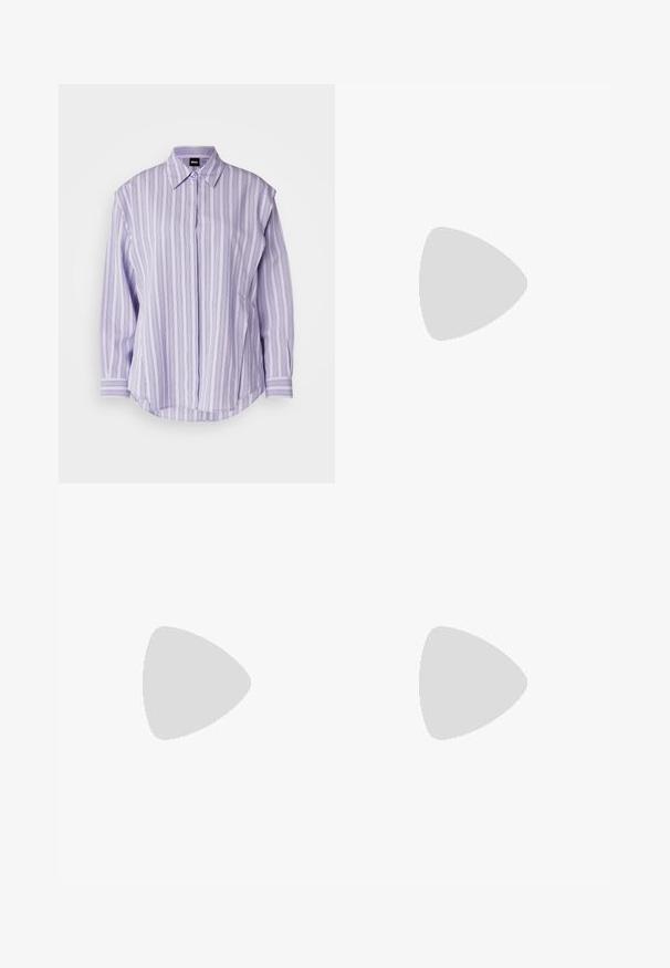 Purple striped button-up shirt with a relaxed fit, long sleeves, pointed collar, and rounded hem. Fabric texture appears smooth.; Mads Nørgaard BLUST PARIA PANTS - Trousers - deep well; White leather loafer with a chunky black platform sole, featuring a rectangular silver buckle and visible stitching detail on the upper.; Black leather handbag with a structured design, featuring a cropped shape, top handle, and gold hardware accent. Adjustable shoulder strap included.