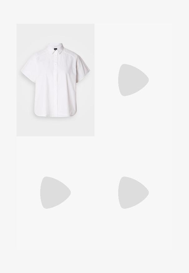 White short-sleeve button-up shirt with a pointed collar and curved hem. Made from cotton with a smooth texture and no visible patterns.; Light beige wide-leg jeans made of cotton. Features a high waist, front button closure, and two horizontal seam accents on the legs.; Black patent leather sneakers with a flat cream sole. Features black laces, gold eyelets, and logo detail on the side. Rounded toe design.; Black leather tote bag with two long handles, textured finish, gold hardware, and a burgundy tag. Spacious design with an open top.