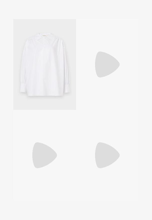 White long-sleeve blouse with a pointed collar, gathered shoulders, buttoned cuffs, and a small button at the neckline.; Red satin skirt with a smooth texture, full length, and a flowing design tapering at the hem. Simple, solid color without embellishments.; White mesh pointed-toe mule with a slim mid-height heel and slip-on design against a plain background.; Black crocodile-embossed leather handbag with a structured design, top handle, adjustable strap, and a prominent front logo detail.