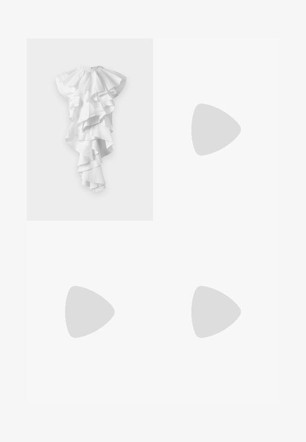 White asymmetrical dress with multiple layered ruffles cascading down the front and extending longer on one side, no visible patterns.; Black short-sleeve top with wide, flared sleeves and a round neckline, displayed on a white background.; High-waisted, loose-fit blue denim jeans with pleats, front pockets, belt loops, and a button-and-zipper closure.; Black leather ankle boot with a rounded toe, block heel, side zipper, and stitching accents on the vamp. Smooth texture, classic design.