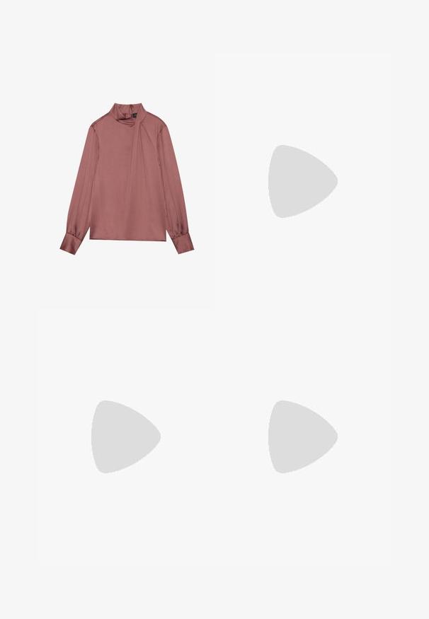 Long-sleeve mauve blouse with high neck, side drape detail, buttoned cuffs, and a back zipper closure.; Black wide-leg trousers with a smooth texture, high waist, and a clean design. No visible pockets or embellishments.; Black patent leather ankle boot with a pointed toe and a mid-height block heel. Smooth texture and minimalist design.; Black handbag with structured shape, smooth texture, and a metallic clasp. Paired with wide black pants and open-toe sandals on wooden floor.