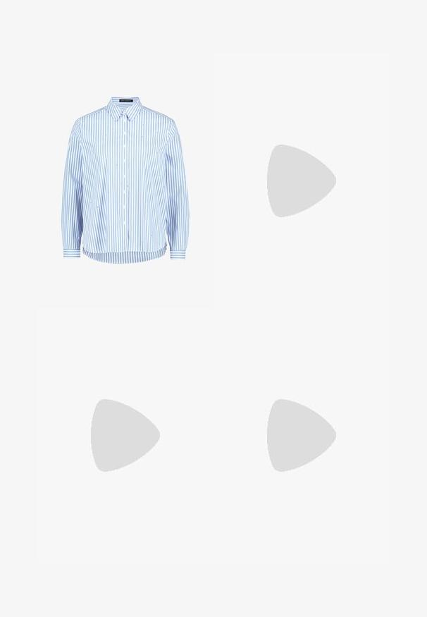 Chemise boutonnée rayée bleue et blanche à manches longues, agrémentée de petits détails décoratifs, avec un col classique et un ourlet arrondi.; Jeans taille haute bleu clair avec une coupe droite, dotés de poches avant, d'une fermeture à bouton en métal et d'une texture subtile.; Chaussures en cuir verni rouge avec un bout carré, un petit talon et une sangle de cheville, associées à un jean large vert clair. Texture lisse, surface réfléchissante.; Lunettes en écaille de tortue avec des verres ovales et une finition lisse et élégante. Présente des branches fines avec une courbure subtile au niveau des tempes. Verres transparents.