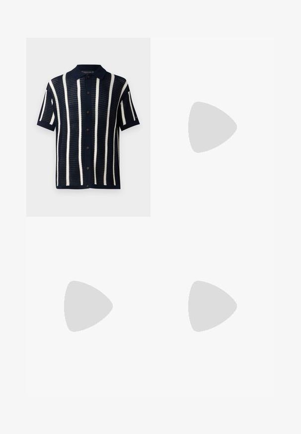 Short-sleeve, navy blue collared shirt with white vertical stripes. Features button closure and a textured knit pattern.; Navy blue trousers made of smooth fabric, featuring a tailored fit, two front pockets, and a crease down each leg for a polished look.; White leather sneakers with a smooth finish, rounded toe, flat laces, and a textured sole. Grey suede accent at the heel.; Clear plastic sunglasses with rectangular brown lenses, featuring thin, transparent arms and metal accents on the temples.