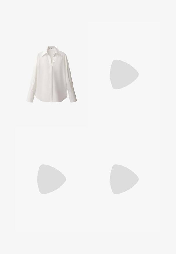 Chemise blanche à manches longues en tissu lisse, avec un col classique, une fermeture par boutons sur le devant et un ourlet légèrement incurvé.; Pantalons wide-leg en denim noir avec taille haute, coutures visibles et quatre poches. Le tissu a une texture douce et lisse avec un éclat minimal.; Bottes montantes en faux cuir marron avec un bout pointu, une surface texturée et un talon épais noir. Fini lisse, détails minimaux.; Sac à main en toile marron doux de style hobo avec une large sangle unique et une ouverture en haut arrondie, présenté sur un fond blanc.
