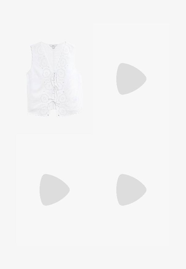 Vit linneärmad topp med broderade blommönster, vågiga kanter och knytning fram med dekorativa hål.; Lång svart kjol av slätt tyg. Har en rak design med en sidosprund för enkel rörelse, samt en diskret midjebanddetalj.; Svart gummislip-in sandal med ett texturerat rem och enkel platt sula, visas från sidan på en enkel ljus bakgrund.; Svarta ovala solglasögon med mörka linser, tunn metallram och raka glasögonbågar. Har varumärkeslogotyp på den inre armen och näskuddar.; Brun och beige mönstrad axelväska med guldkedjesnodd, läderrem och rundad klaffstängning på vit bakgrund.