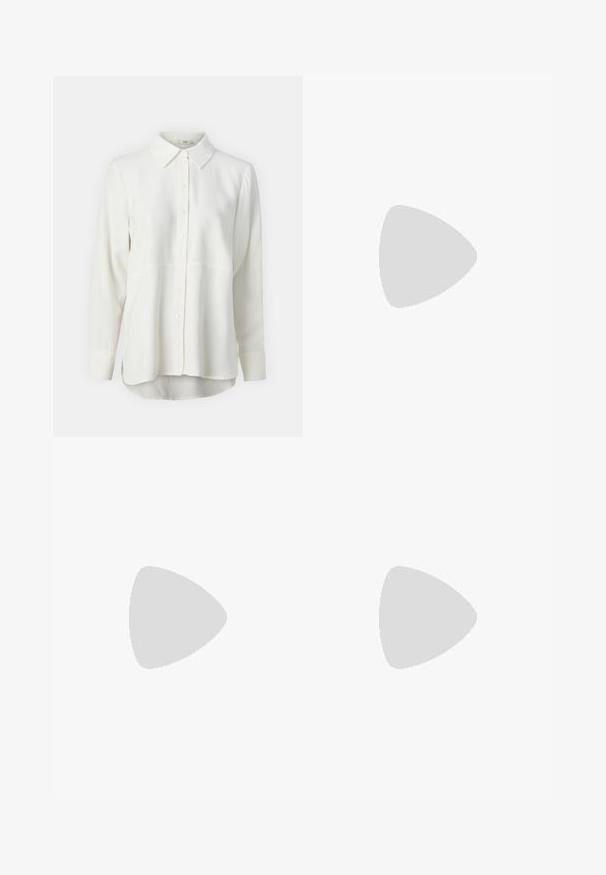 Camicia bianca a maniche lunghe realizzata in tessuto morbido, con colletto classico, chiusura a bottoni e orlo curvo per un fit rilassato.; Gonna midi marrone realizzata in tessuto morbido, con vita aderente e silhouette dritta senza motivi o accenti visibili.; Sandalo bianco con tacco alto in satin lucido, tacco a blocco largo e cinturino alla caviglia con piccola fibbia. Texture liscia, design minimale.; Borsa plissettata gialla in morbida pelle ecologica, con una forma morbida, una sola tracolla e un design superiore arricciato.