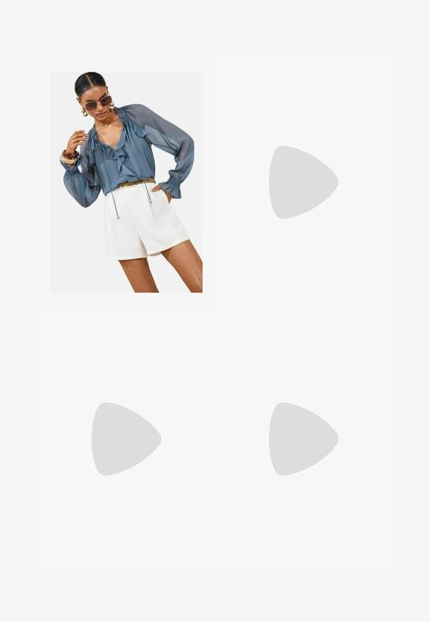 Helleblause aus durchscheinendem Material mit Rüschen, langen Puffärmeln und Bindebanddetails, dazu weiße Shorts. Die Accessoires bestehen aus großen Sonnenbrillen und Armreifen.; Weiße Leinen-Culottes mit weitem Bein, ausgestattet mit einem Gürtel mit einer runden Metallschnalle und flachen Vorderfalten.; Braune Leder-Sandale mit breitem Riemen im ausgeschnittenen Design, flacher Sohle und strukturiertem Fußbett für Komfort.;  Schildpatt-Sonnenbrille mit ovalen Rahmen, braunen Gläsern und schlanken schwarzen Bügeln mit subtilen Musterakzenten.