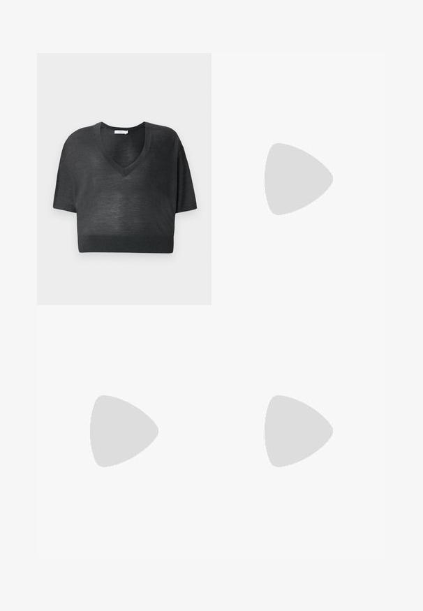 Black cropped t-shirt made of a lightweight knit fabric, featuring a V-neckline and short sleeves with a ribbed hem.; Denim jogger pants featuring a blue front, gray side panels, elastic waistband with drawstring, and classic five-pocket design.; Black patent leather platform sandals with adjustable ankle strap, rounded toe, and studded accents along the base. Chunky block heel.; Black leather bucket bag with a textured finish, gold hardware accents, and an open top. Features a short handle and adjustable shoulder strap.