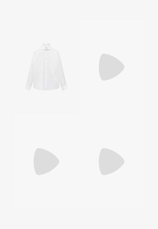 Camicia bianca a maniche lunghe con colletto a punta, caratterizzata da una texture liscia e sette bottoni sul davanti.; Pantaloni su misura in un tessuto verde smorzato, caratterizzati da una sottile trama, taglio dritto e pieghe laterali per un tocco di dettaglio.; Mocassini sintetici neri con una spessa cucitura frontale, soletta imbottita e suola piatta in gomma; design elegante con dettagli minimi.; Occhiali da sole con montatura in metallo dorato e lenti verde scuro, stile aviator, con aste sottili e dettagli in tartaruga sulle punte.