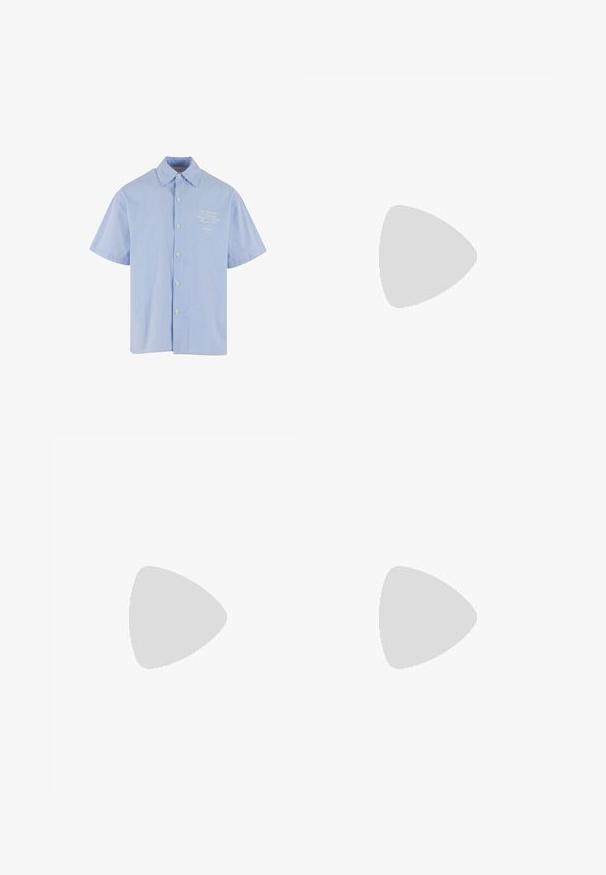 White cotton tank top with a round neckline, wide shoulder straps, and a smooth, soft texture. Brand label "WEEKDAY" on the neckline.; Short-sleeve button-up shirt in light blue with white stripes, featuring a classic collar and a small embroidered design on the chest.; Beige denim shorts with a straight cut, five pockets, and a branded label at the waistband. Features button and zip closure.; Brown clogs with a smooth, matte finish. Features a prominent bronze buckle on the side. Cork footbed and rubber outsole for comfort.; Black plastic sunglasses with green lenses, square frames, silver accent on the brow, and textured temple arms. Stated brand on inner arm.