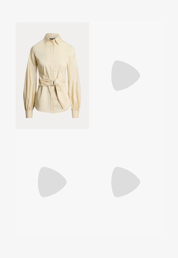 Camisa amarilla de botones con un cuello clásico, mangas largas abullonadas y un lazo en la cintura que presenta un detalle de herraje de plata circular.; Pantalones de pierna ancha en beige claro con cinturilla elástica y ribete de ojales en el dobladillo, confeccionados en una tela suave para mayor comodidad.; Sandalia de cuero rosa con un diseño de tira en T, hebilla ajustable en el tobillo, suela plana y estilo minimalista. Textura suave con acentos sutiles.; Bolso de mano de cuero marrón con una forma estructurada, asas superiores, herrajes dorados y un acento del logo en la parte delantera. Textura suave.